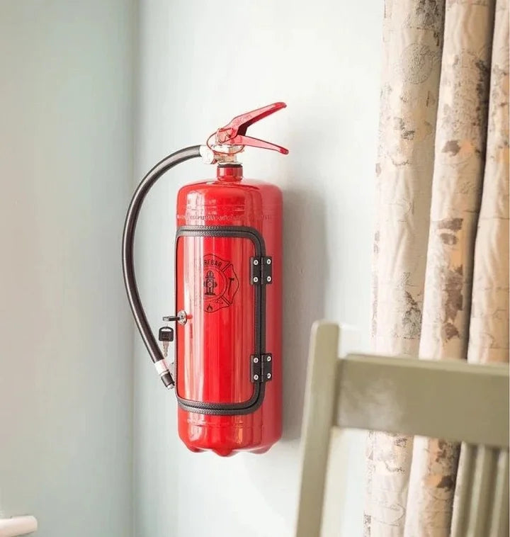 Thuisbar accessoire: Innovatieve brandblusser met geheime drankopslag, voegt een vleugje mysterie toe aan je interieur.