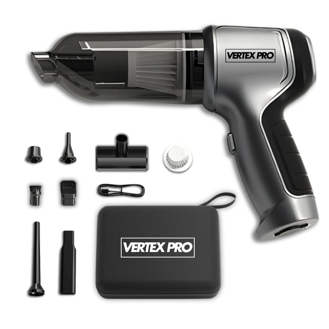Vertex Pro 2-in-1 stofzuiger & bladblazer voor efficiënte auto- en huisreiniging.