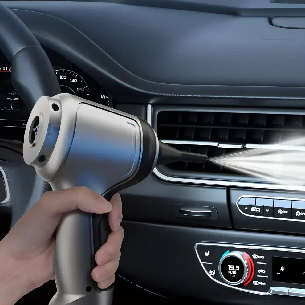Veelzijdige Vertex Pro 2-in-1 reiniger; stofzuigen en blazen voor auto-interieur en huis, compact design.