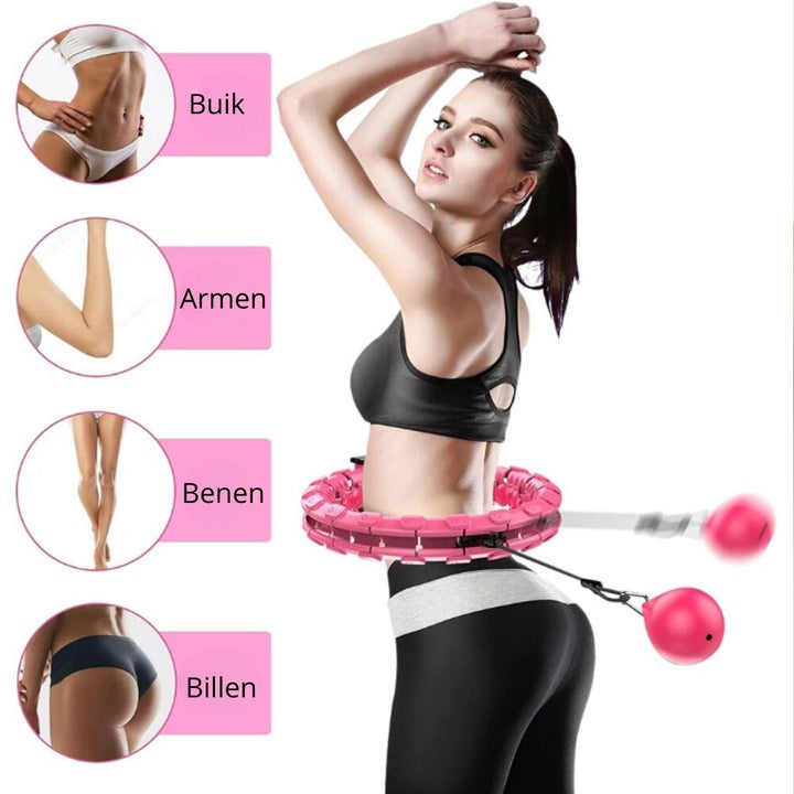 "Verzwaarde hula hoop met massagekoppen en verstelbare schakels, ideaal voor full-body workout en vetverbranding."