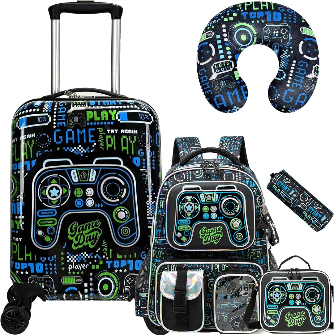 Vijfdelige kinderbagageset: harde koffer met spinnerwielen & rugzak. Ideaal voor vakantie of schoolreisjes.