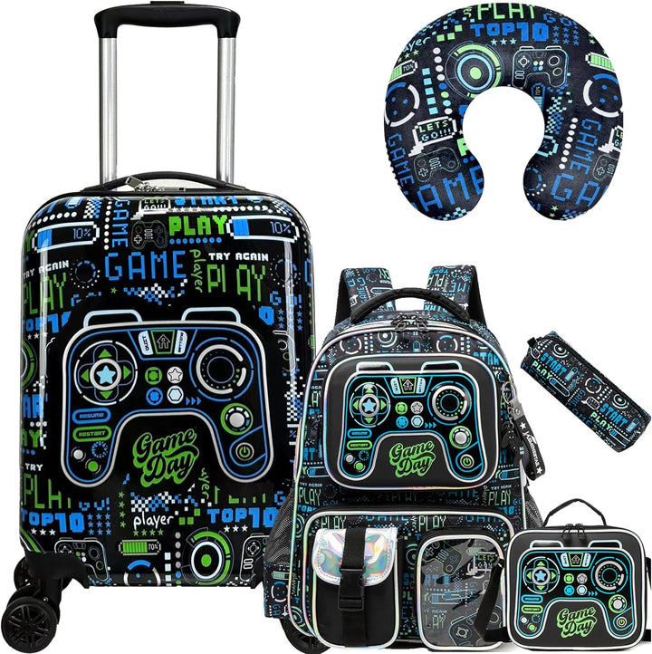 Vijfdelige kinderbagageset: harde koffer met spinnerwielen & rugzak. Ideaal voor vakantie of schoolreisjes.