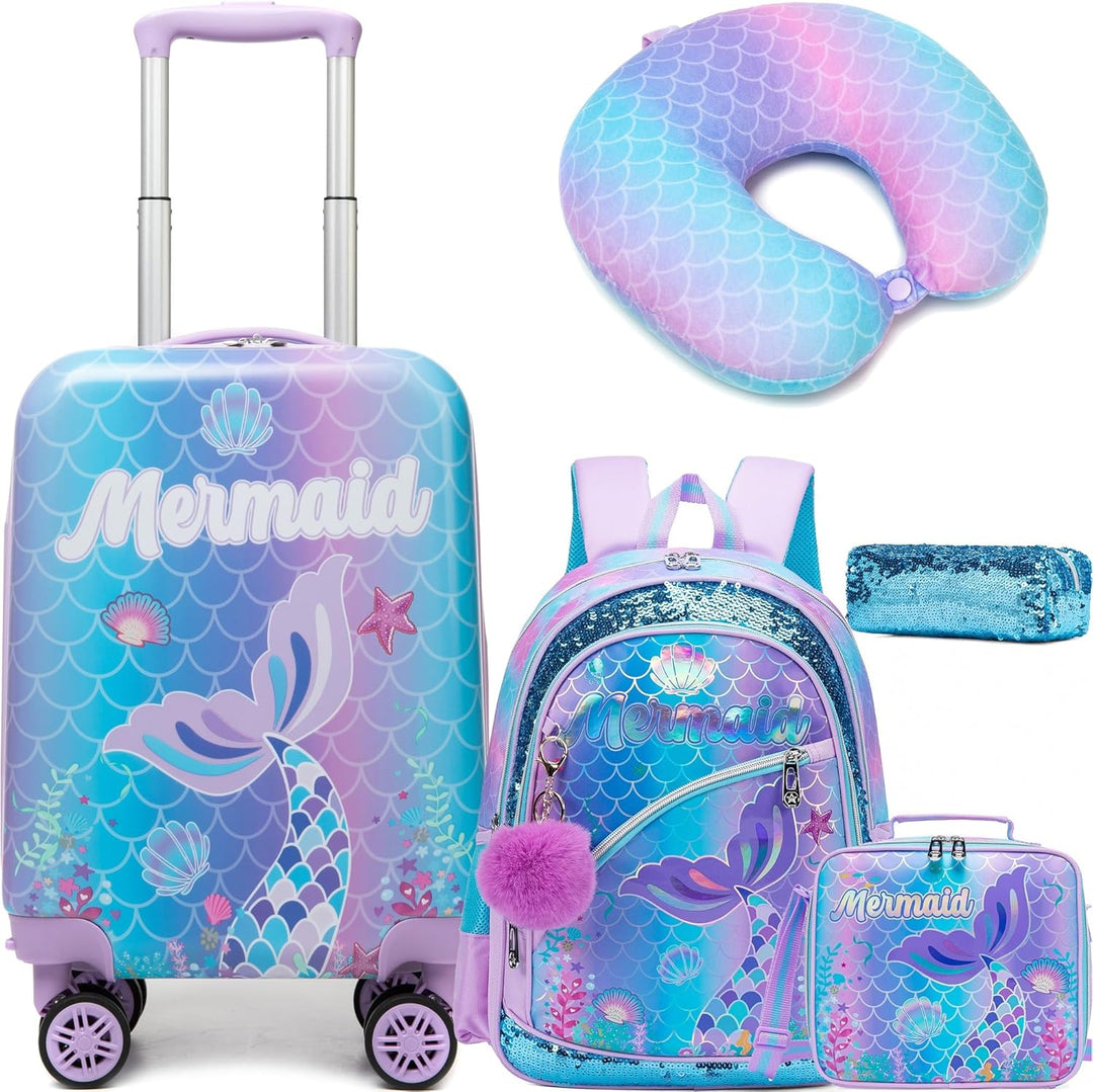 Vijfdelige kinder koffer set: 16 inch hardshell trolley met spinnerwielen & bijpassende rugzak.
