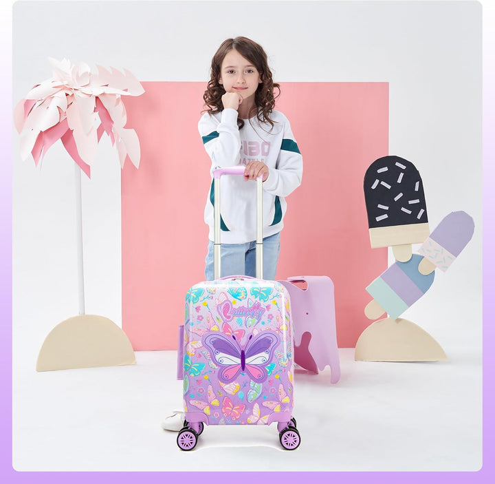 Complete kinder reisset met harde koffer, spinnerwielen en bijpassende rugzak. Zelfstandig reizen.