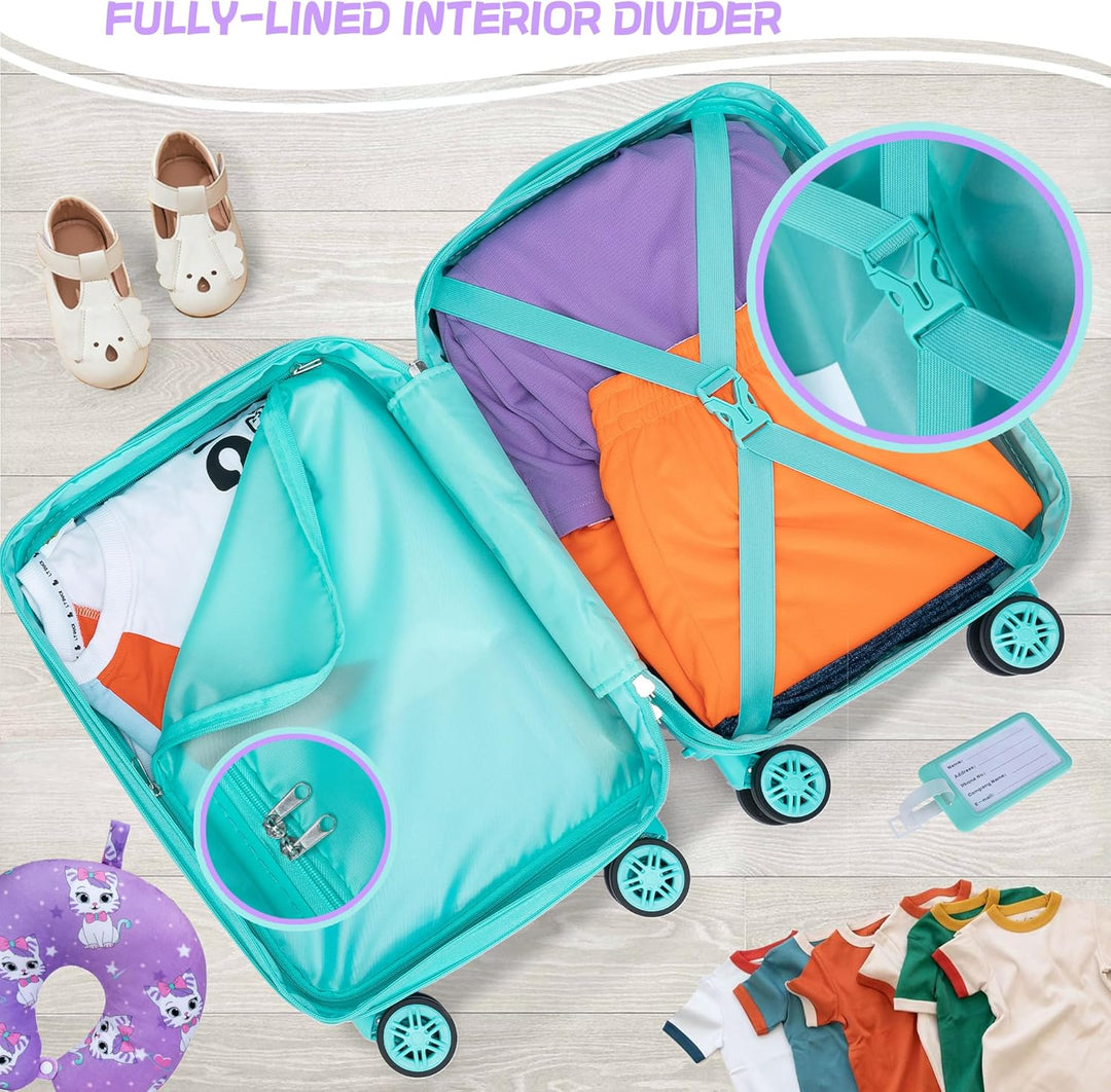 Vrolijke kinderbagage set met harde koffer en rugzak. Stimuleert zelfstandig en georganiseerd reizen.