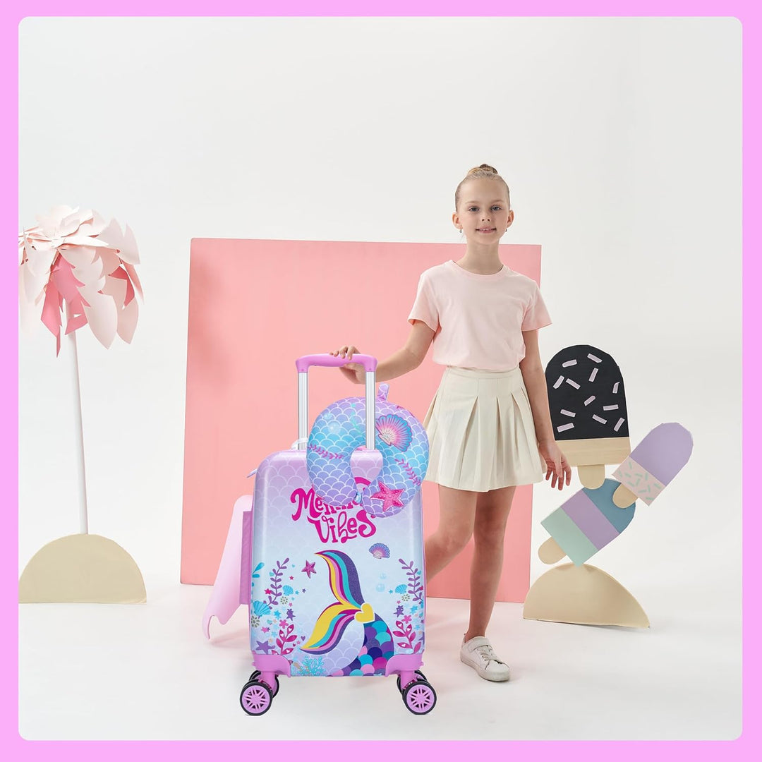 Vrolijke 5-delige kinder reisset met harde koffer en rugzak. Perfect voor kinderen op vakantie.