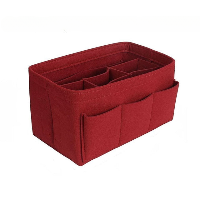 Multi-pocket vilt organiser voor handtassen, ideaal voor efficiënt opbergen van dames accessoires.