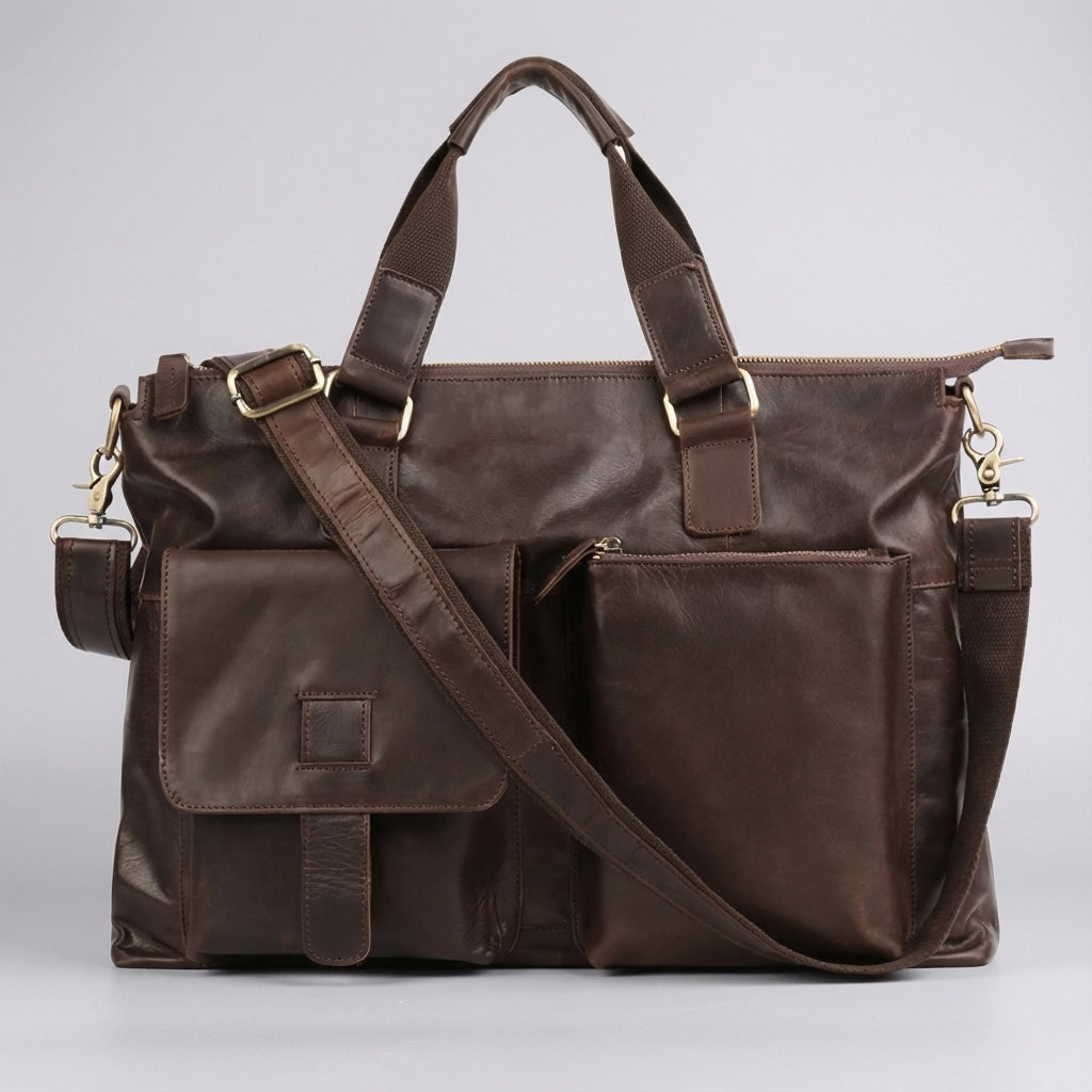 Hoogwaardige vintage zakelijke tas in bruin lederlook, geschikt als laptoptas en documentenmap voor professionals.