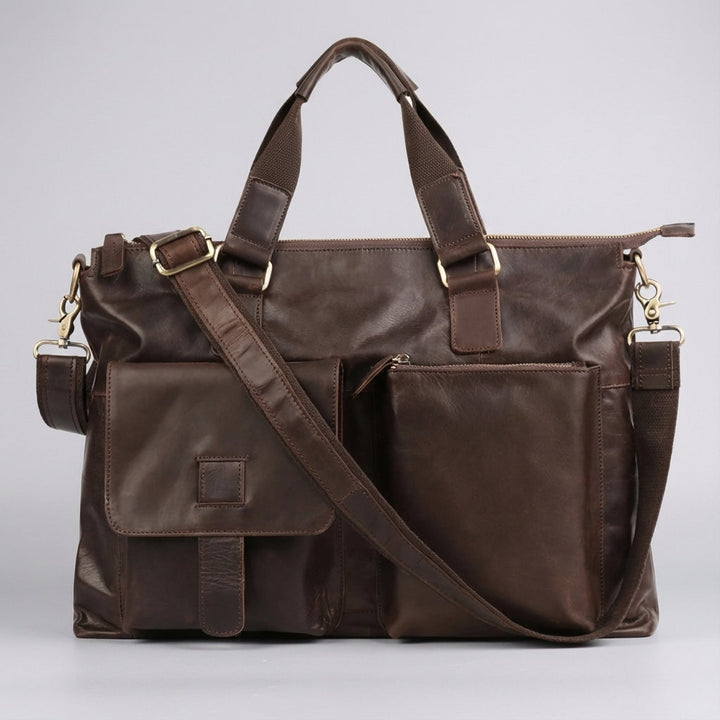 Hoogwaardige vintage zakelijke tas in bruin lederlook, geschikt als laptoptas en documentenmap voor professionals.