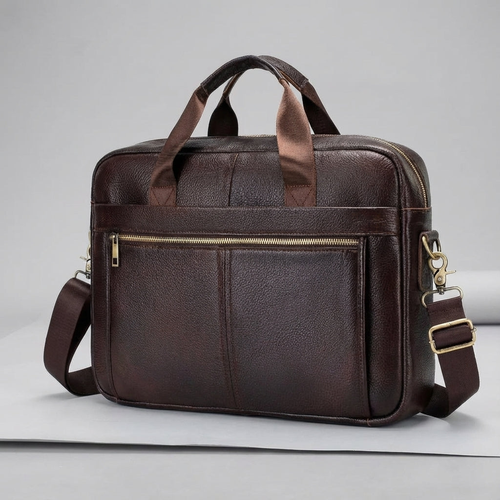 Zwarte vintage leren aktetas van rundleer, robuust en elegant, perfect voor zakelijke benodigdheden.