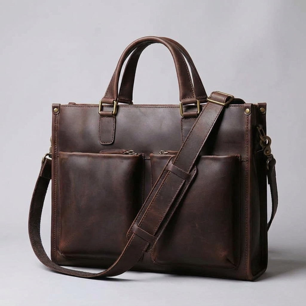 Elegante bruine leren laptoptas voor een professionele uitstraling; te gebruiken als heren- of damestas.