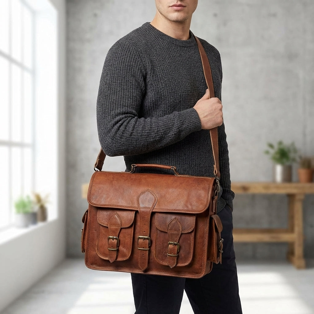 Vintage leren messenger tas van geitenleer, bruin, robuust en stijlvol voor dagelijks gebruik.