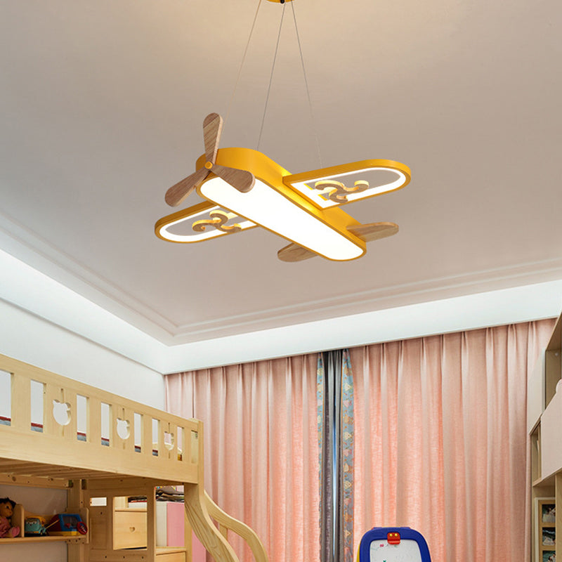 "Vliegtuigvormige kinderhanglamp LED, acryl, geel/blauw, speels en stijlvol, ideaal voor kinderkamer verlichting."