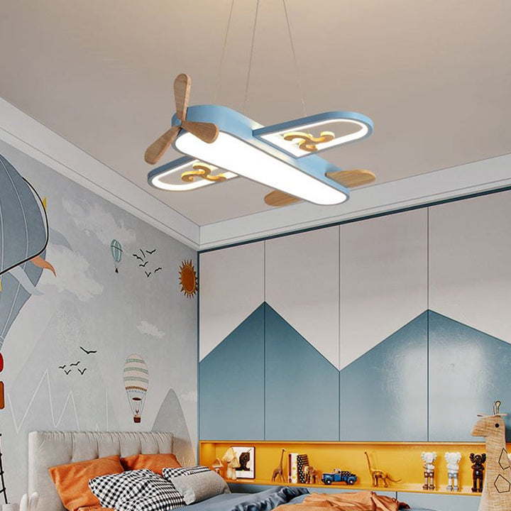 "Vliegtuigvormige kinderhanglamp LED, acryl, geel/blauw, speels en stijlvol, ideaal voor kinderkamer verlichting."