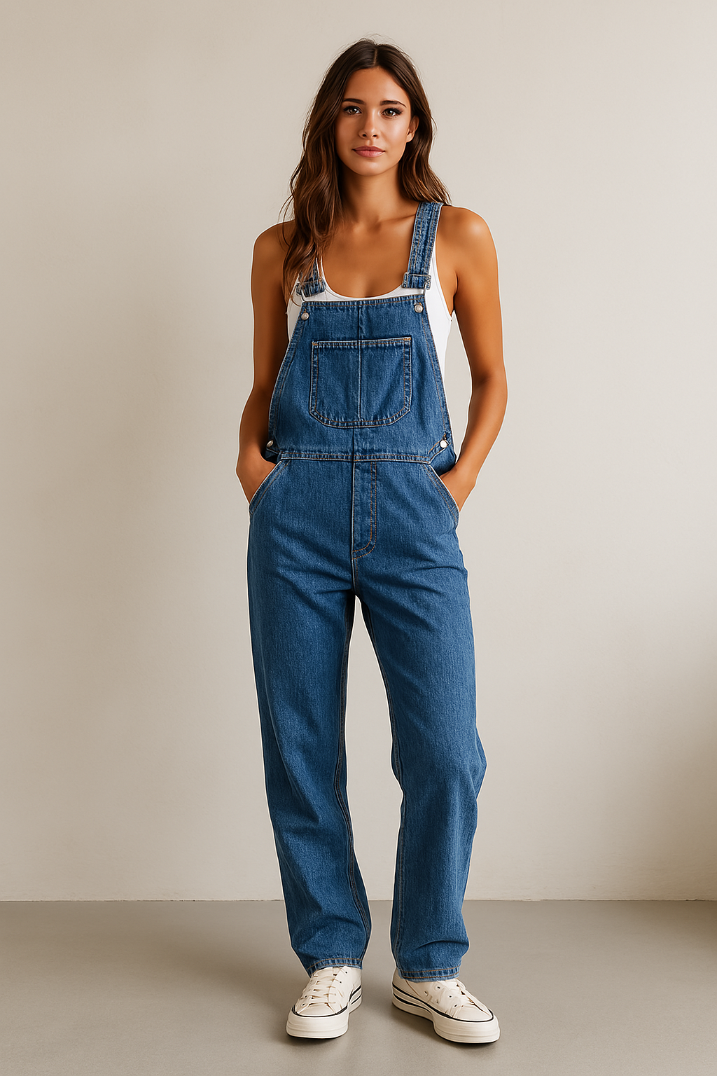 "Voorzijde dames denim jumpsuit, trendy en comfortabel, met een casual maar elegante uitstraling, verstelbare schouderbanden.
