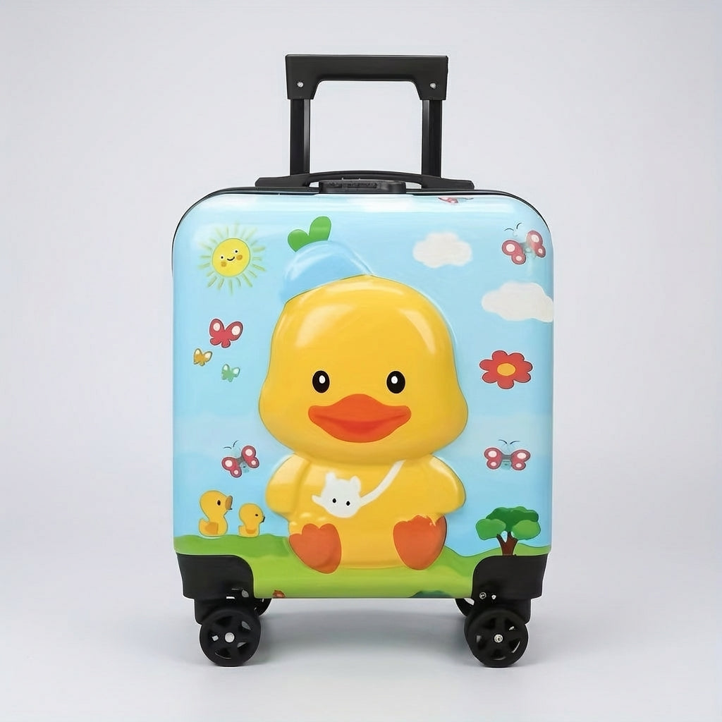 Close-up van de geruisloze wielen van de TotsCase kinderkoffer; soepel rollen voor reizen met kinderen.