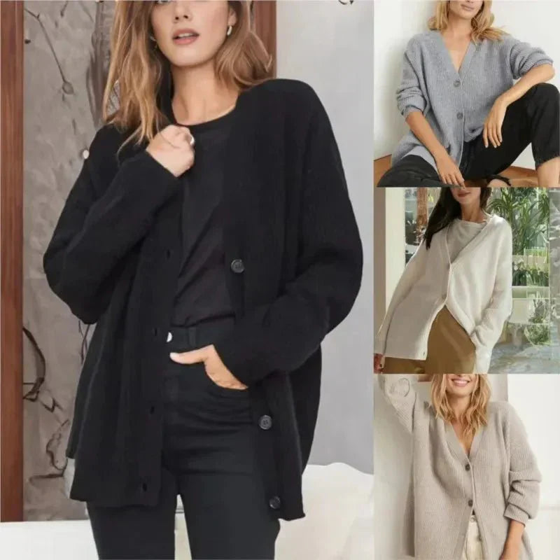 Vrouwelijke cashmere V-hals cardigan in beige, luxe en zacht, met knoopsluiting, ideaal voor stijlvolle en comfortabele looks