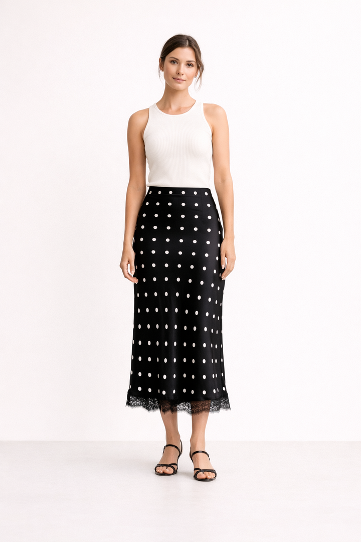 Vrouwelijke dames midi-rok met zwarte stippenprint en elegante kanten zoom. Comfortabel & modieus voor de zomer.