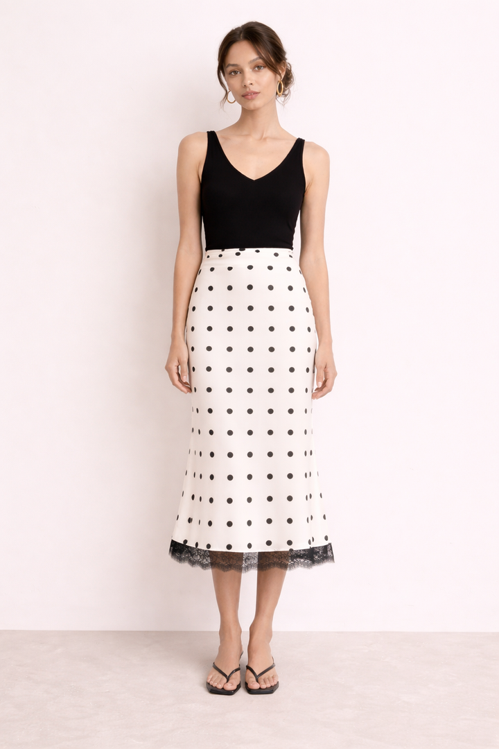 Comfortabele midi-rok met witte stippenprint en chique kanten zoom. Geschikt voor dames, vrouwelijk en luchtig.