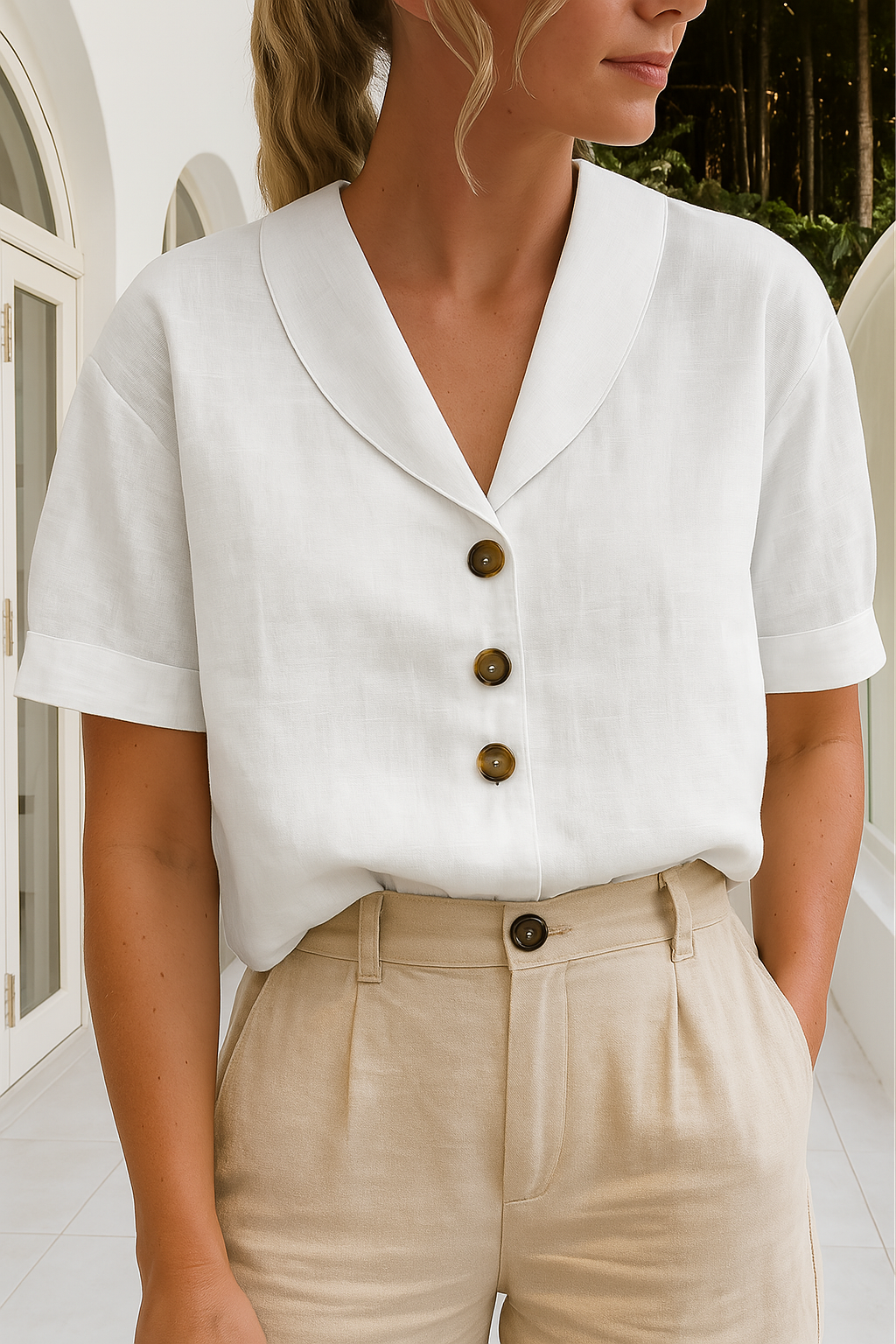 Vrouwen T-shirt met stijlvolle envelophals en decoratieve knoopdetails. Comfortabele effen kleur top, dagelijks.