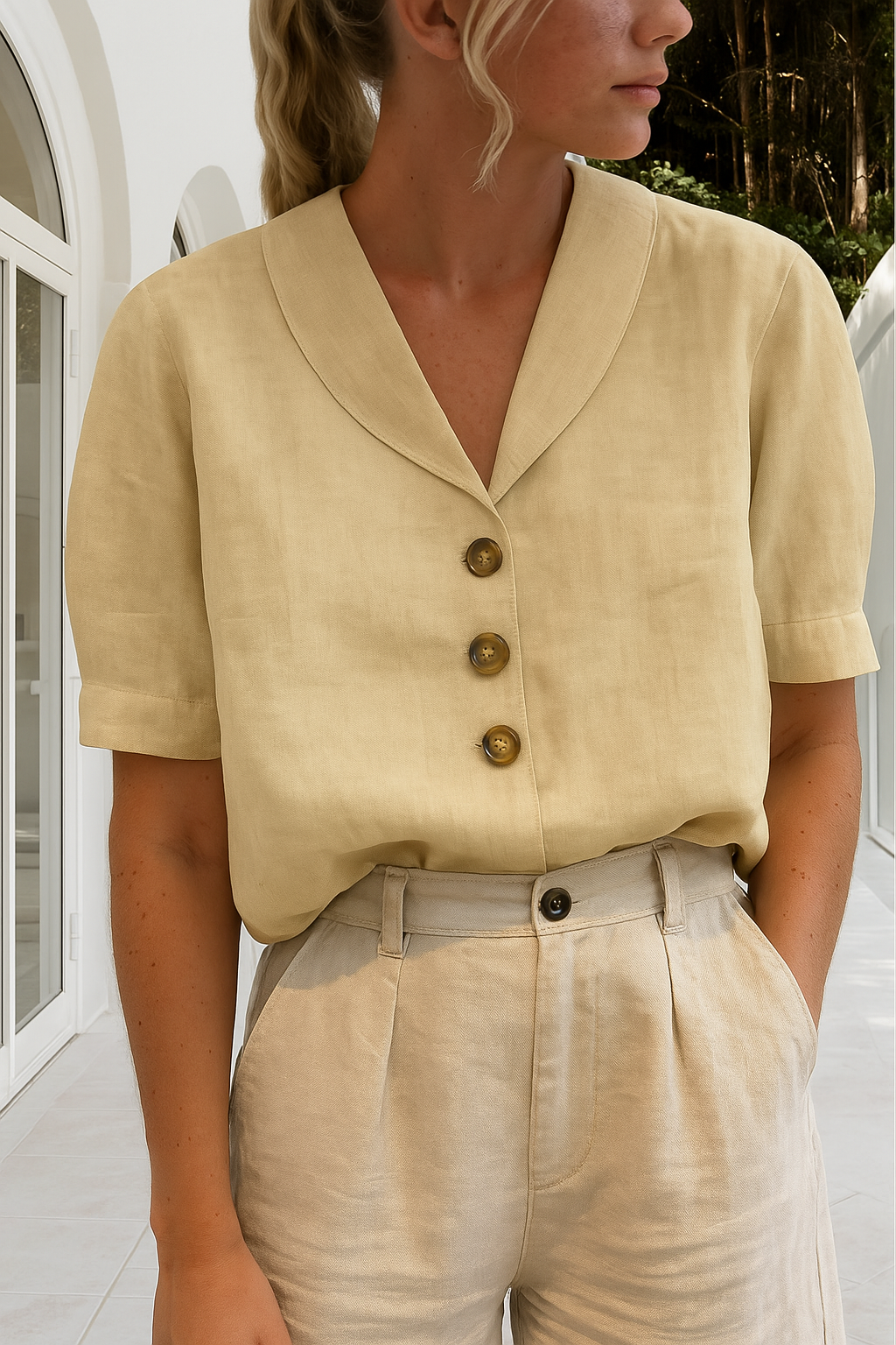 Zacht en comfortabel vrouwen t-shirt, ontworpen met een chique envelophals en subtiele knoopdetails. Elegante keuze.