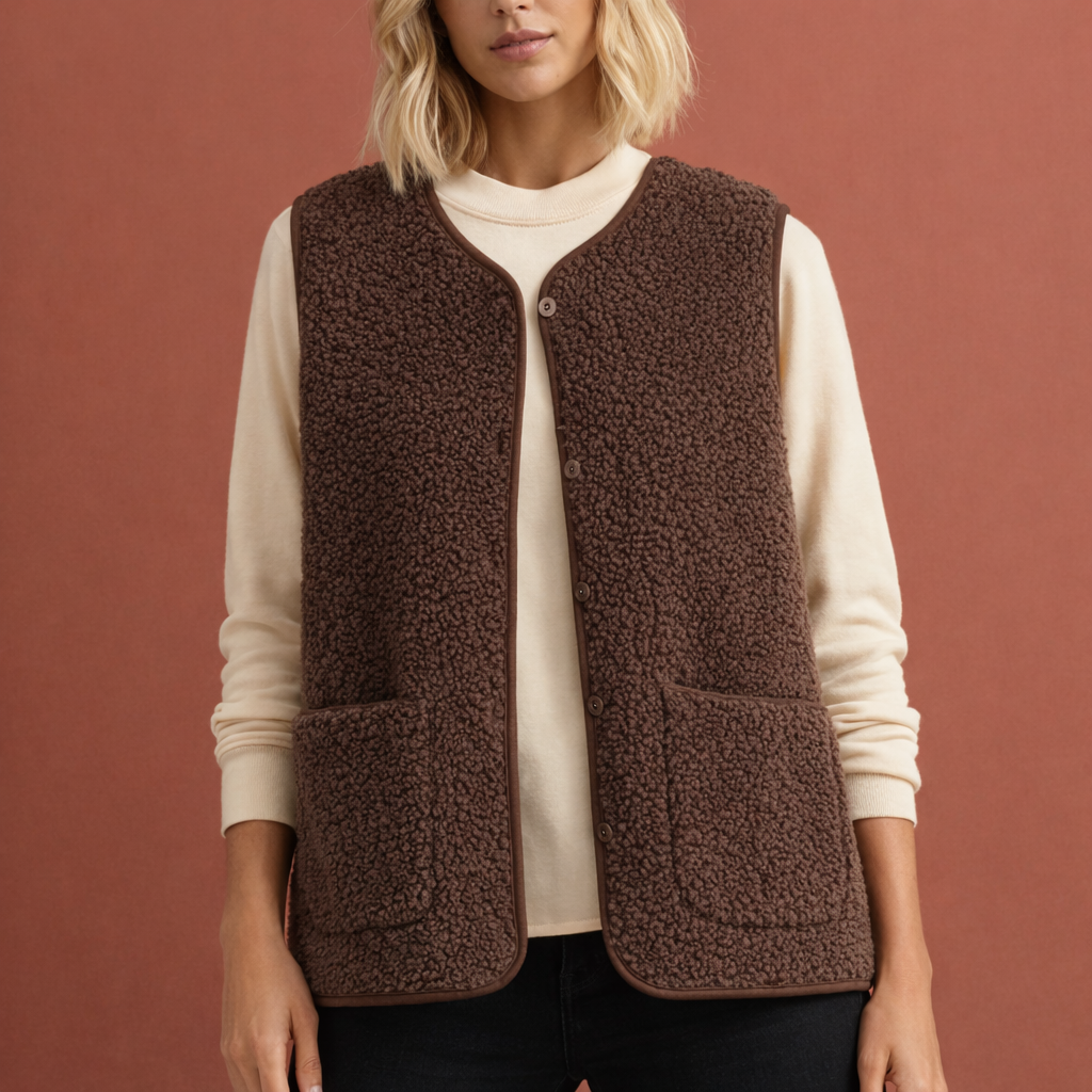 Warm dames mouwloos gilet met knoopsluiting, ideaal voor comfort en stijl in herfst en winter.