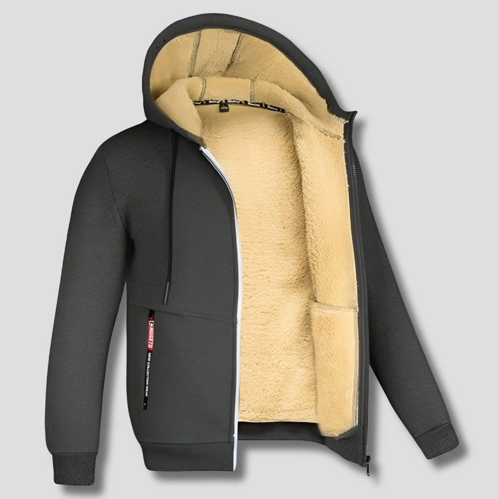 Warm heren fleece trui met zachte bontvoering in blauw, ideaal voor winterkleding en casual comfort.