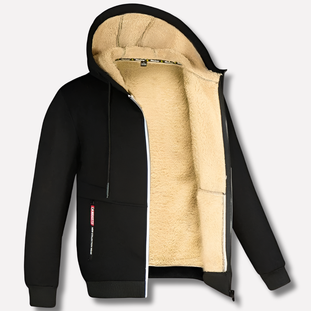 Stijlvolle heren fleece trui met bruine bontvoering aan de binnenkant, perfect voor koude dagen en comfortabel mode.