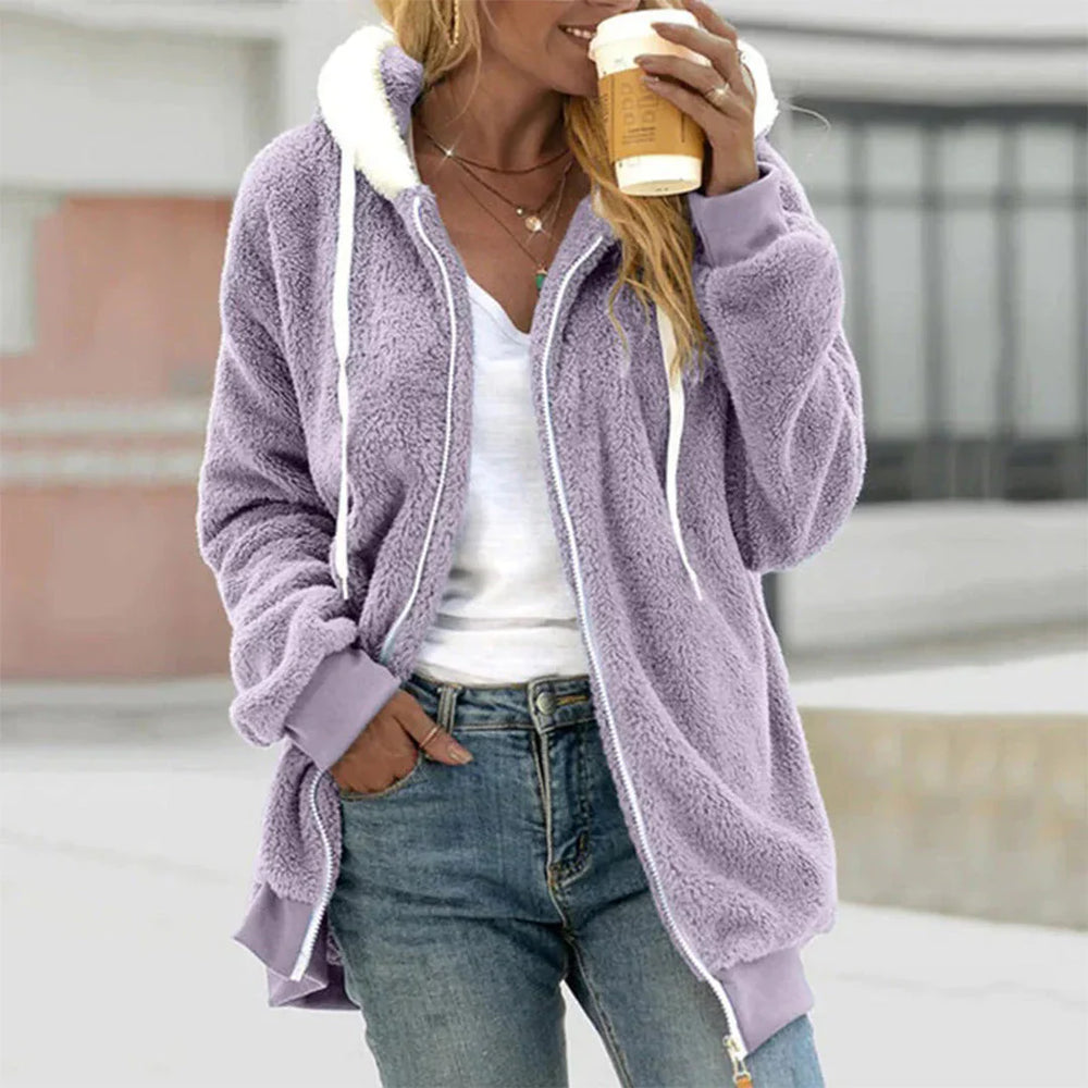 Comfortabel Hoymans damesvest: pluche, losvallend, met capuchon, perfect voor casual mode.