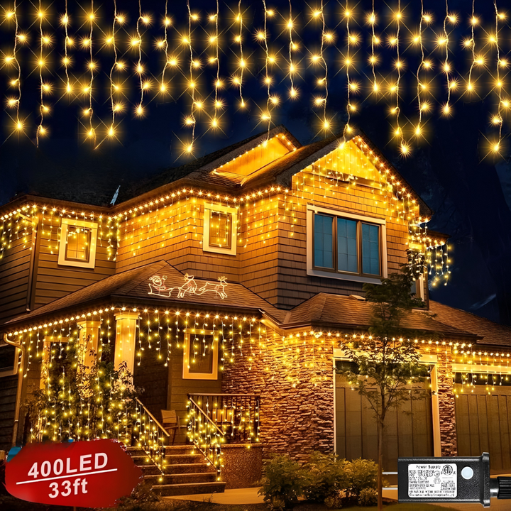 Warm witte LED gordijnverlichting voor buiten, sfeervolle feestverlichting voor tuindecoratie.