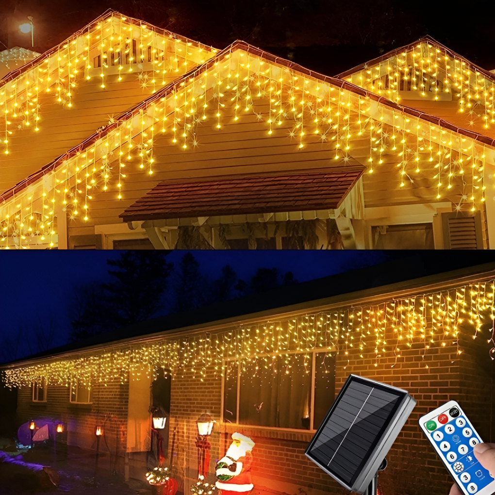Buiten LED gordijnverlichting in warm wit, perfecte feestverlichting en sfeervolle tuinverlichting.