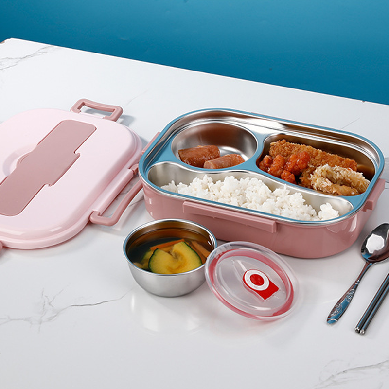 Isolerende WarmBox RVS bento lunchbox, met meerdere vakken, perfect voor warme maaltijden.