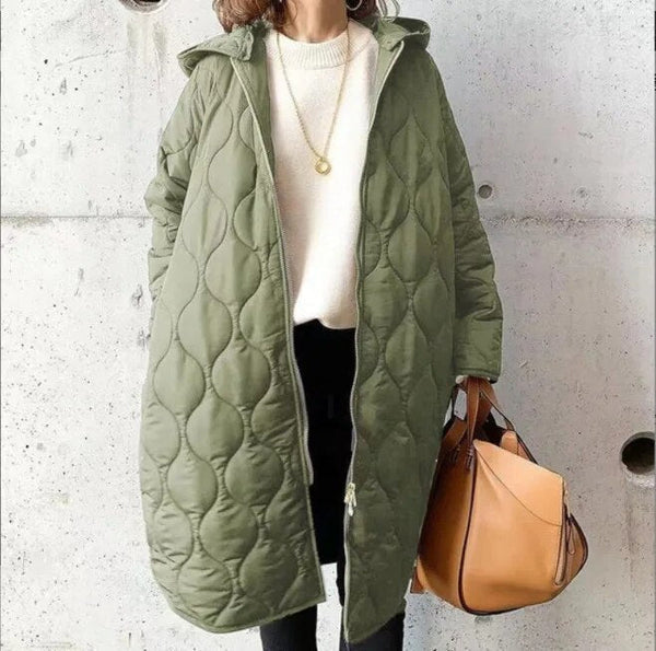 Warme dames winterjas met capuchon, lange pasvorm en trendy design, ideaal voor koude dagen