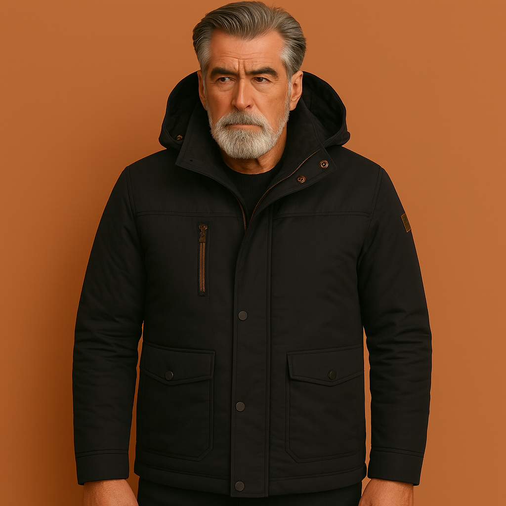 Warme, stijlvolle heren winterparka in donkere kleur, ideaal voor comfort op koude winterdagen.