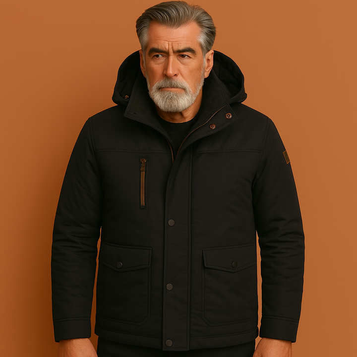 Warme, stijlvolle heren winterparka in donkere kleur, ideaal voor comfort op koude winterdagen.