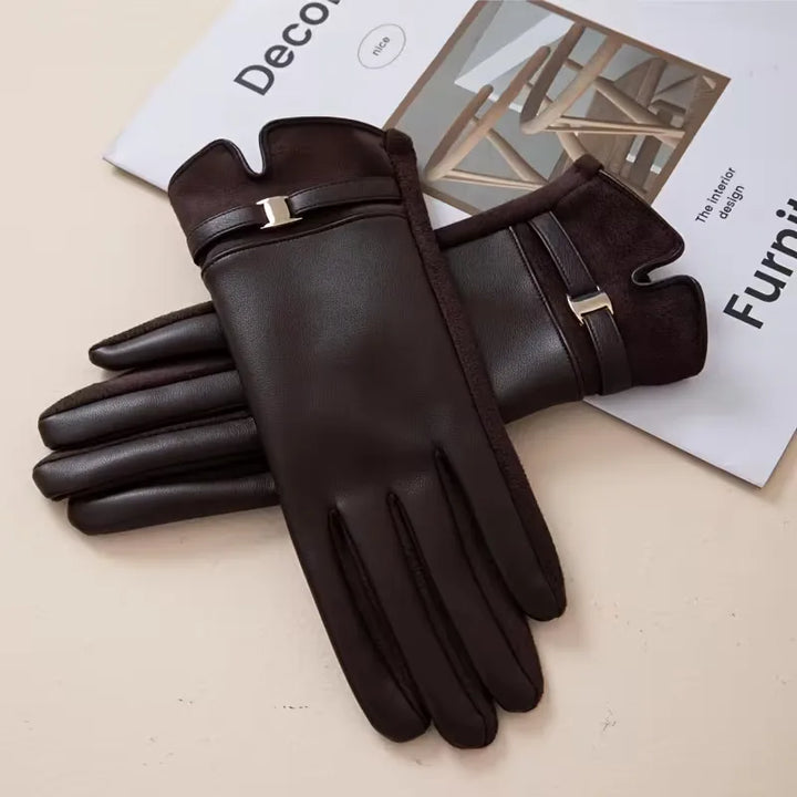 Stijlvolle donkerbruine unisex winterhandschoenen van zacht PU-leer, comfortabel en modieus.