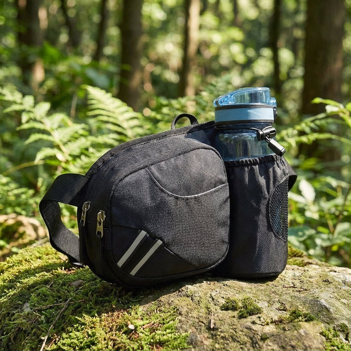 Waterafstotende HydraPace nylon heuptas met geïntegreerde fleshouder, ideaal voor wandelen en hardlopen.