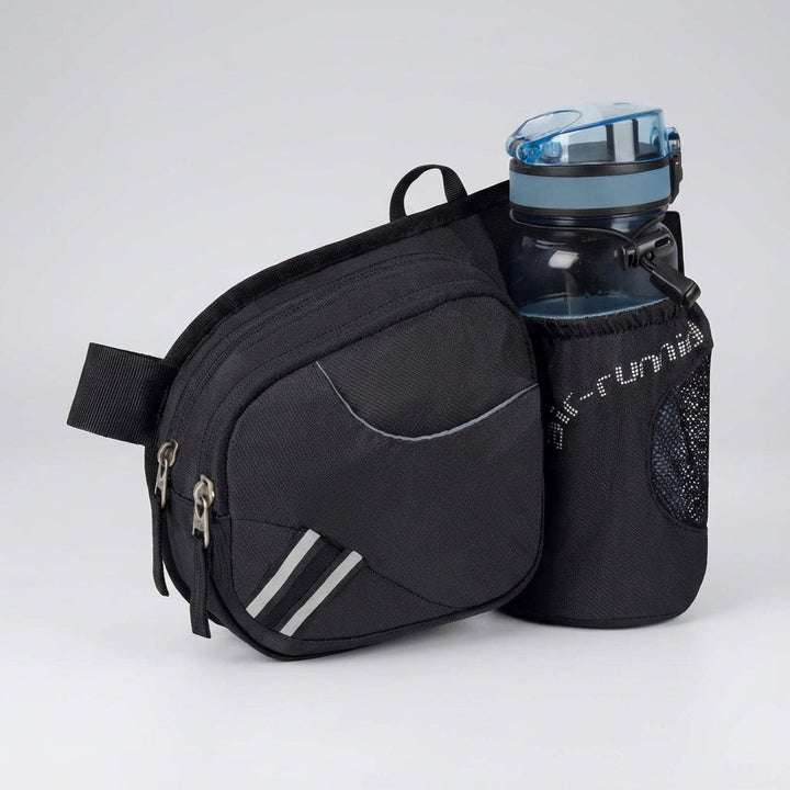 Praktische sport heuptas van waterafstotend nylon met fleshouder; perfect voor outdoor activiteiten en opbergruimte.