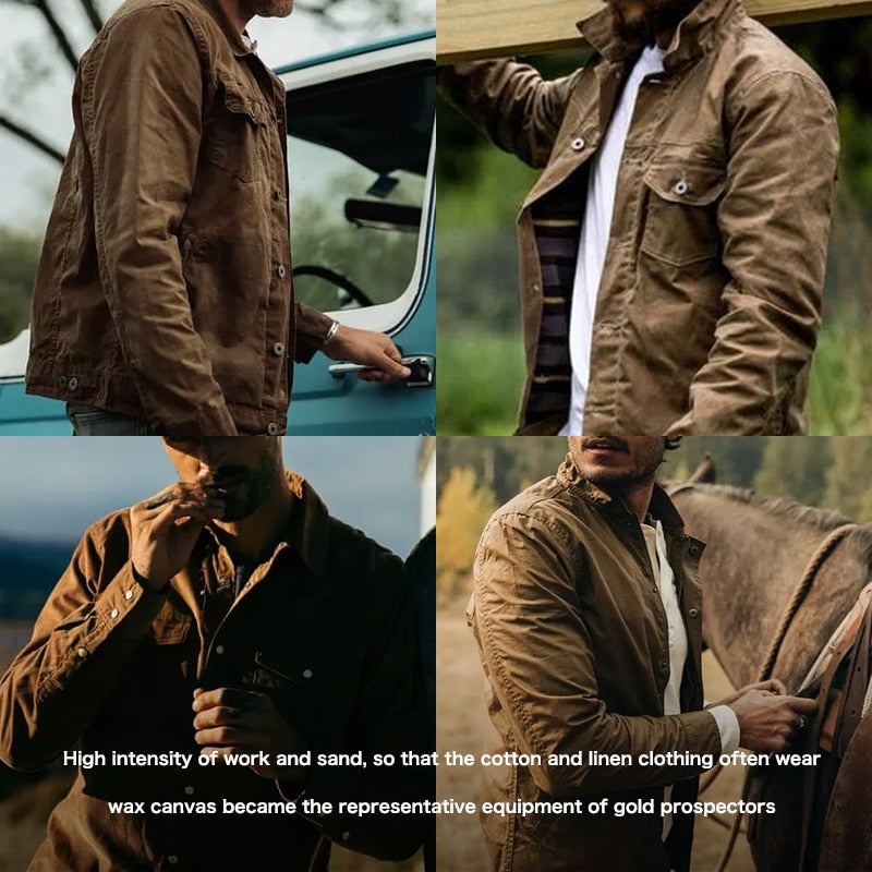 "Waterafstotende waxed canvas herenjas met vintage design, knoopsluiting en borstzakken, ideaal voor elk seizoen."