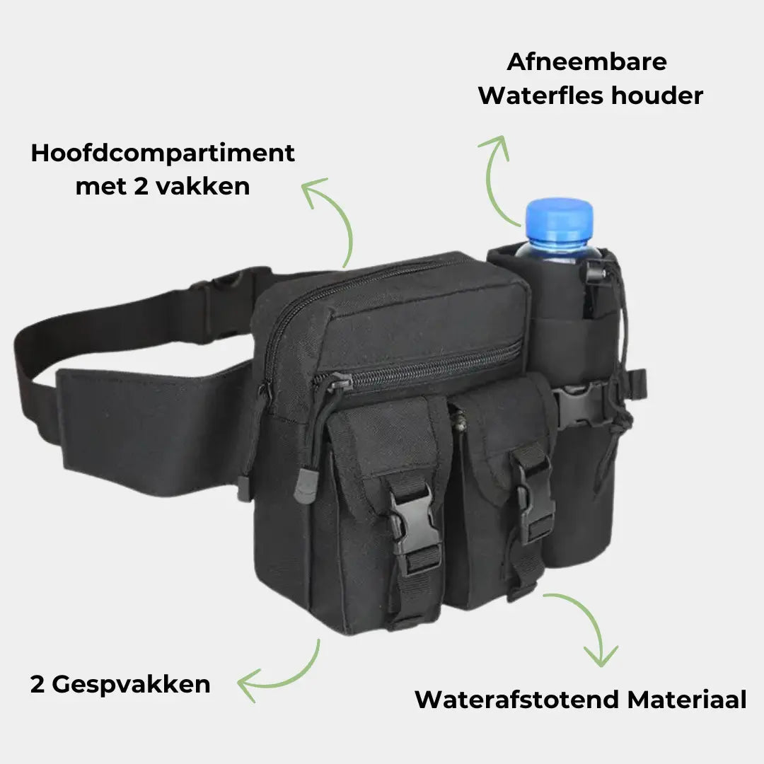 Waterdichte heuptas voor wandelen, verkrijgbaar in groen, kaki en zwart, met meerdere vakken en een verstelbare tailleband.