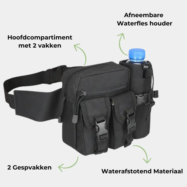 Waterdichte heuptas voor wandelen, verkrijgbaar in groen, kaki en zwart, met meerdere vakken en een verstelbare tailleband.
