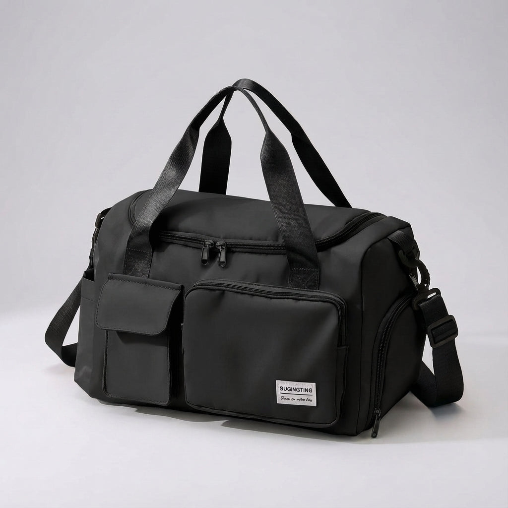 Klassieke zwarte unisex waterbestendige Travellea duffeltas van nylon, veelzijdige reistas en sporttas.
