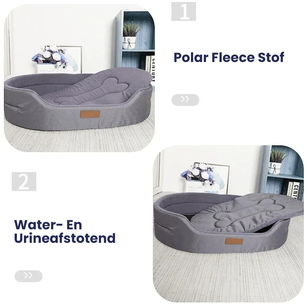 "Waterdicht en comfortabel hondenbed met zachte vulling, verkrijgbaar in blauw, grijs, groen, en rood voor binnen- en buiteng