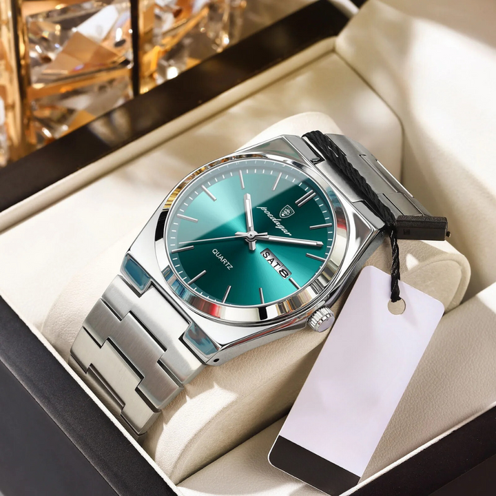 "Waterdicht roestvrijstalen herenhorloge, rond, zilverkleurig, elegant ontwerp met lichtgevende wijzers, 40mm wijzerplaat."