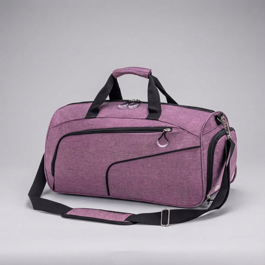 Overzicht van diverse kleuren: grijs, zwart, blauw en paarse 35L waterdichte FlexDuffel reistassen.