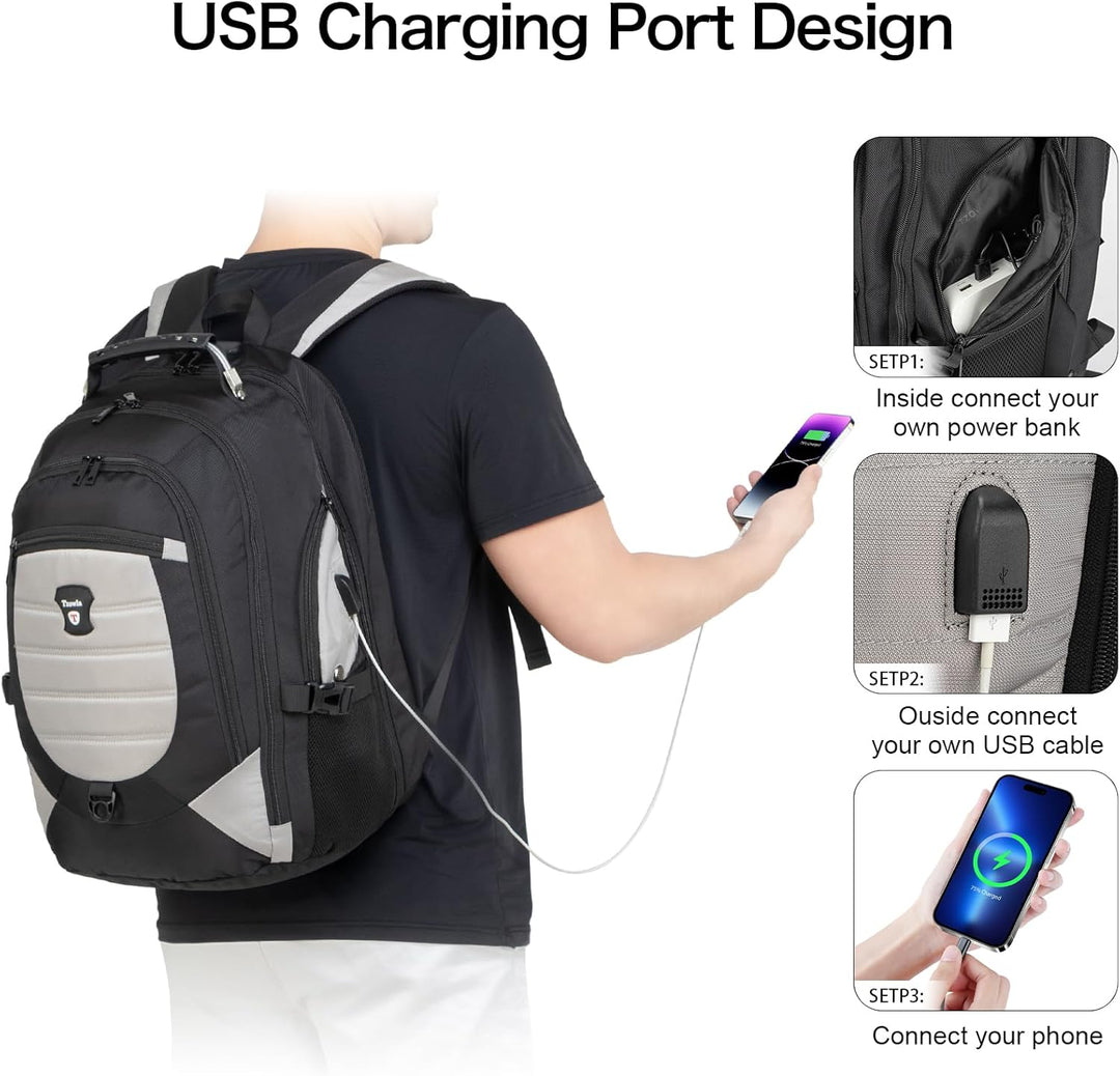 Donkergrijze unisex laptop- en reisrugzak, waterdicht en anti-diefstal met externe USB-oplaadpoort.