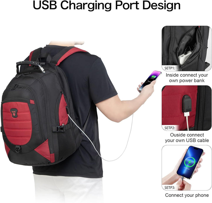 Donkergrijze anti-diefstal rugzak met waterdichte ritsen en ingebouwde USB-lader.