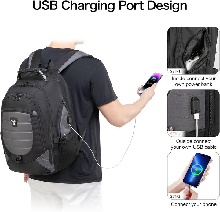 Waterdichte laptoprugzak met slimme anti-diefstal functies en USB-oplaadpunt, donkergrijs design.