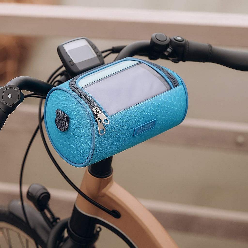 Stuurfietstas met transparant touchscreen venster, perfect voor GPS en opbergen van kleine benodigdheden tijdens outdoor ritten.