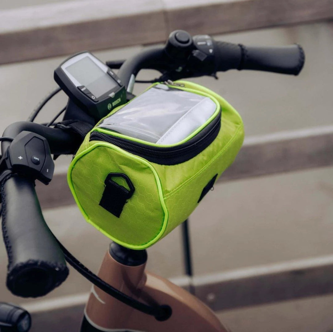 Fietsaccessoire: stuurfietstas met waterdicht touchscreen en ruime opbergruimte, perfect voor stad en off-road fietsen.